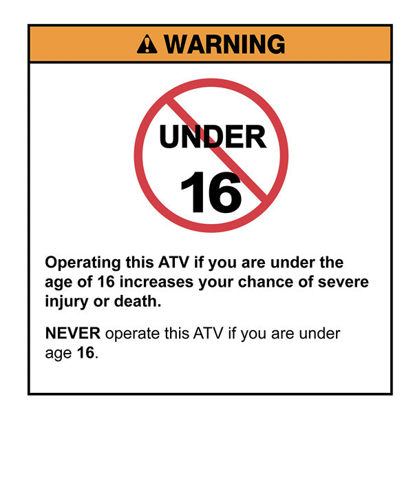 Warning sign for ATV usage restricted to those over 16