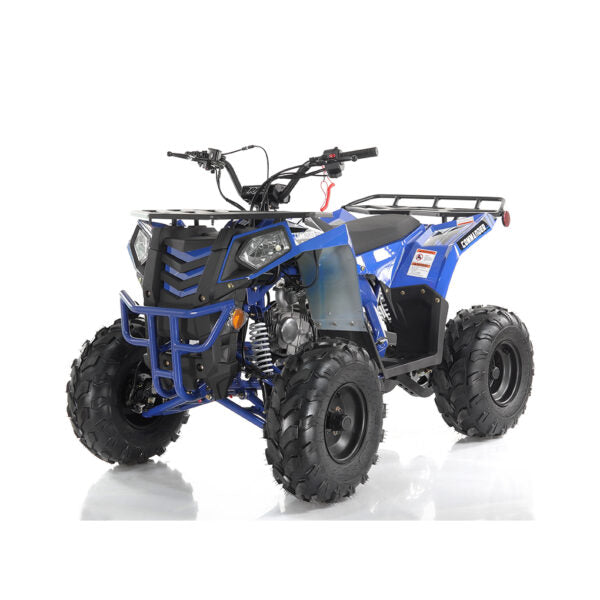 Blue and black ATV on a white background