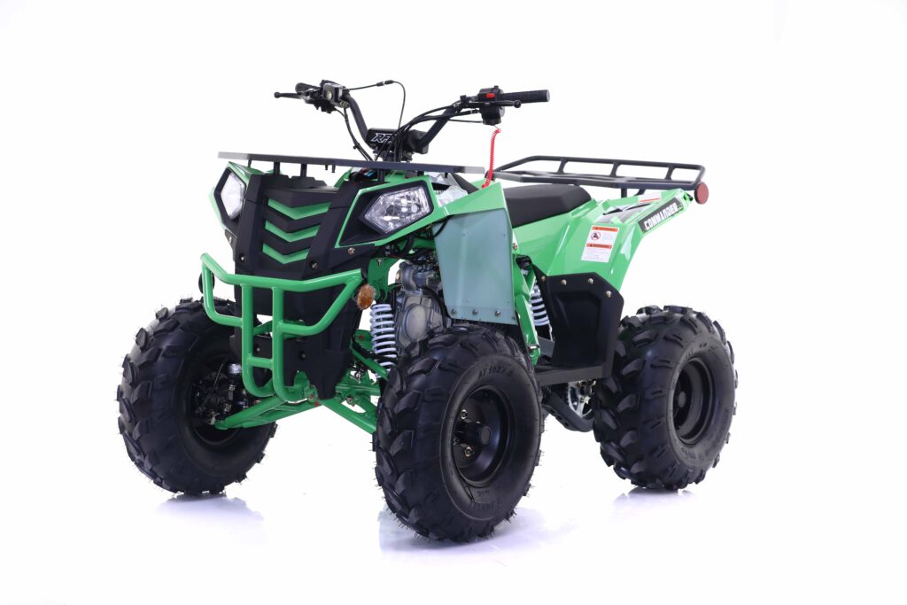 Green and black ATV on a white background