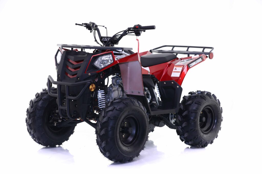 Red and black ATV on a white background