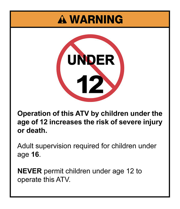 Warning sign for ATV operation restricting children under age 12.
