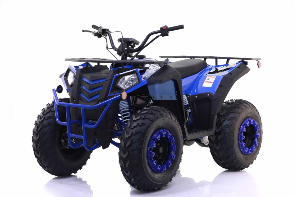 Blue and black ATV on a white background