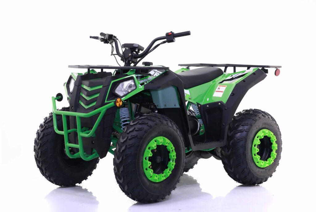 Green and black ATV on a white background