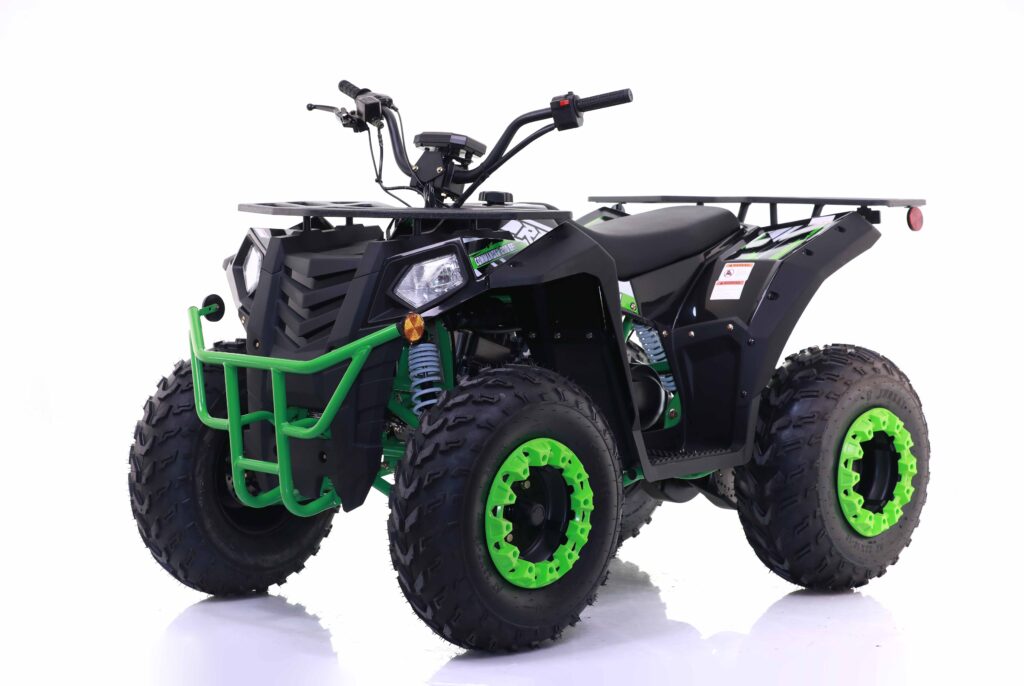 Black and green ATV on a white background