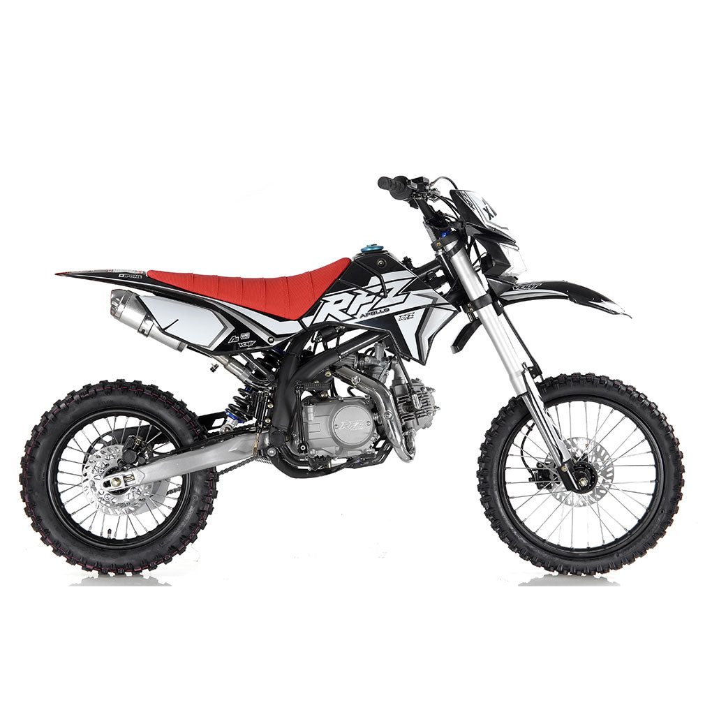 Apollo X19 125cc black dirt bike with headlight — compact off-road motorcycle with black fairings, electric start, and front lighting for night rides.