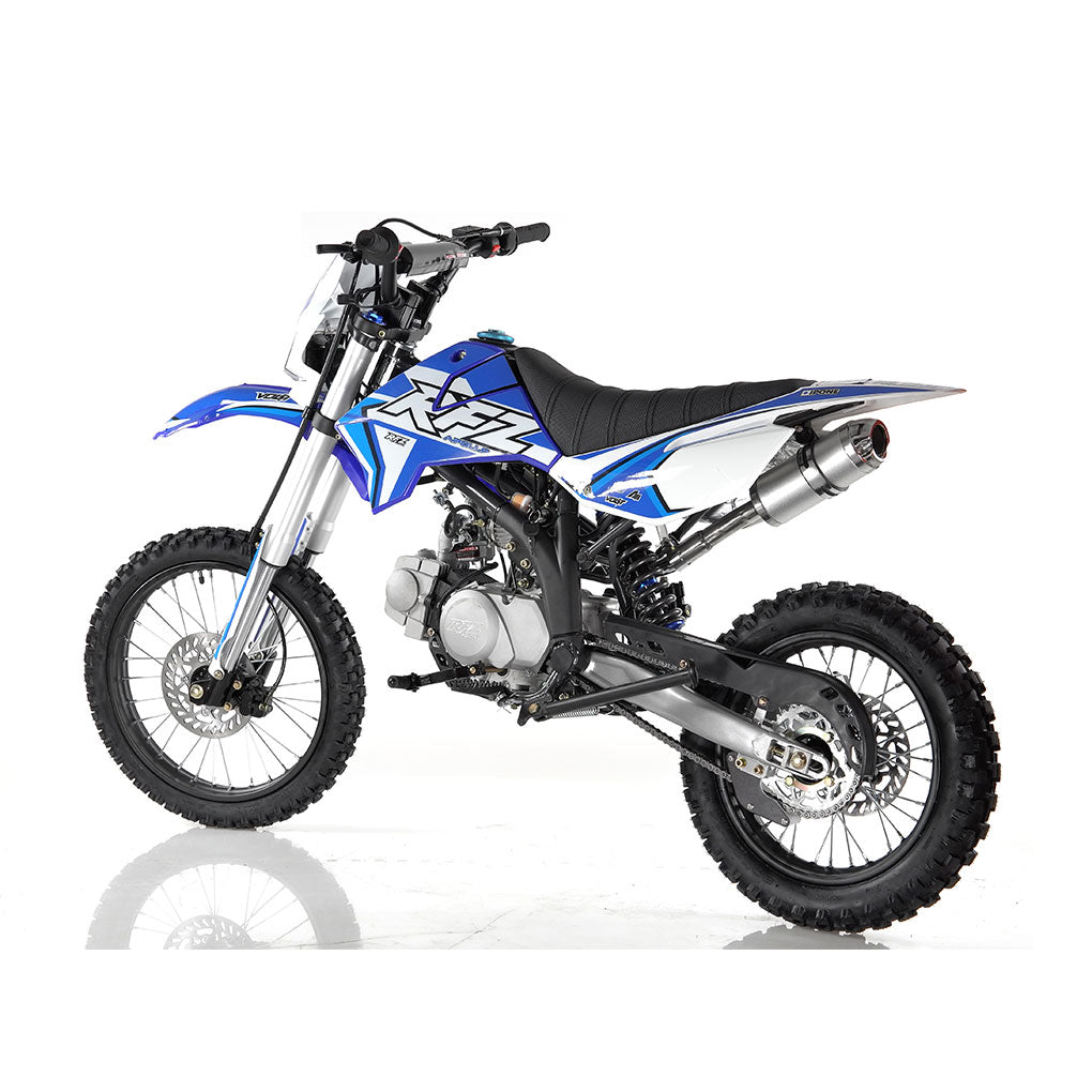 Apollo X19 125cc blue dirt bike with headlight — off-road trail bike built for youth and adults, showing blue plastics, rugged frame, and front light