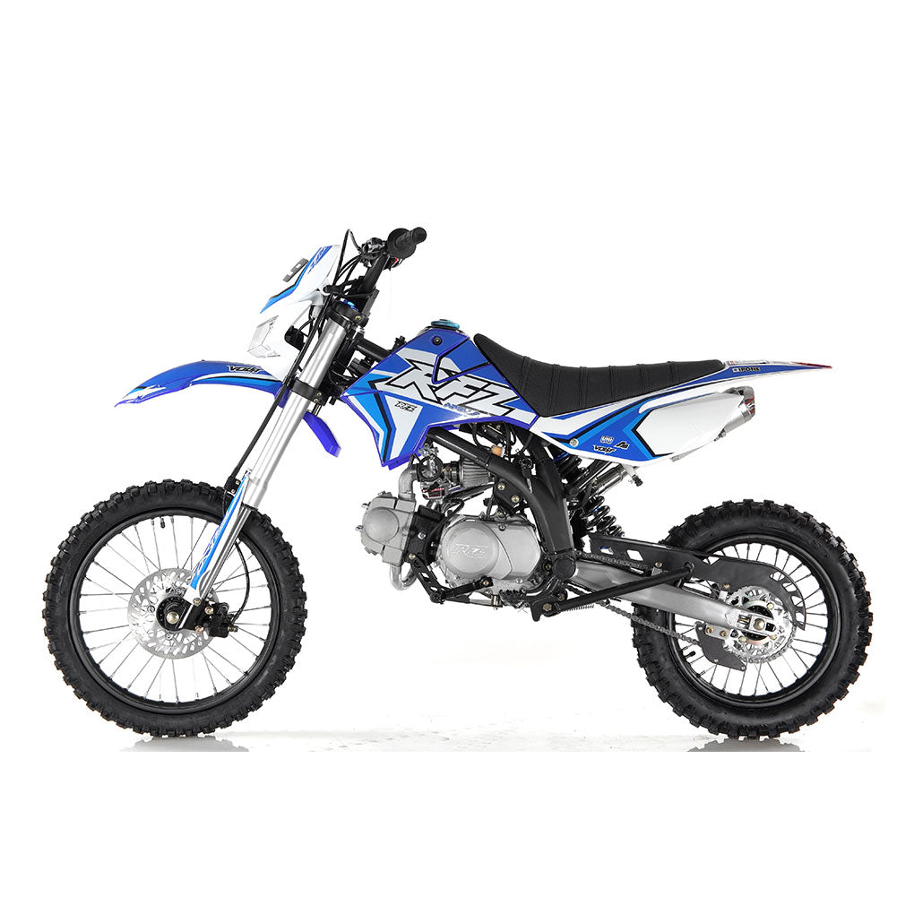 Apollo X19 125cc blue dirt bike with headlight — off-road trail bike built for youth and adults, showing blue plastics, rugged frame, and front light