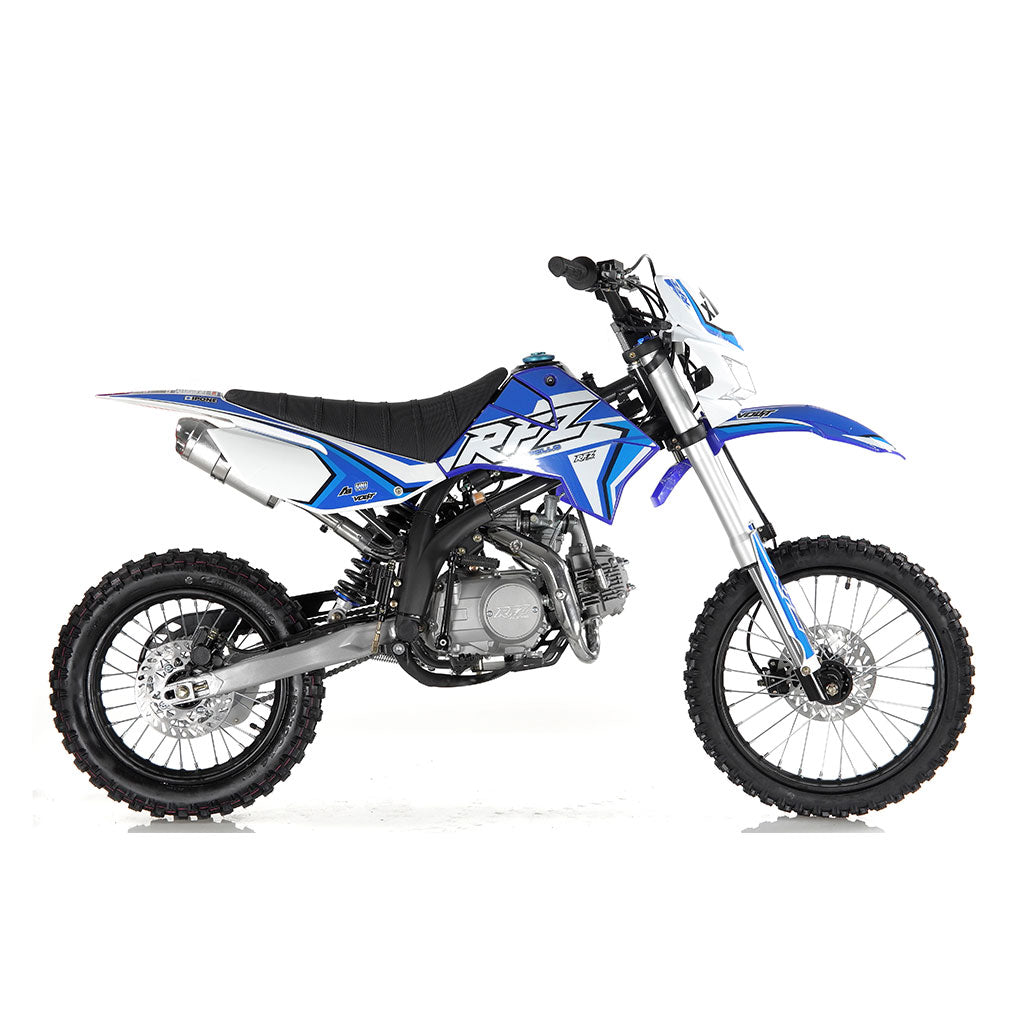 Apollo X19 125cc blue dirt bike with headlight — off-road trail bike built for youth and adults, showing blue plastics, rugged frame, and front light