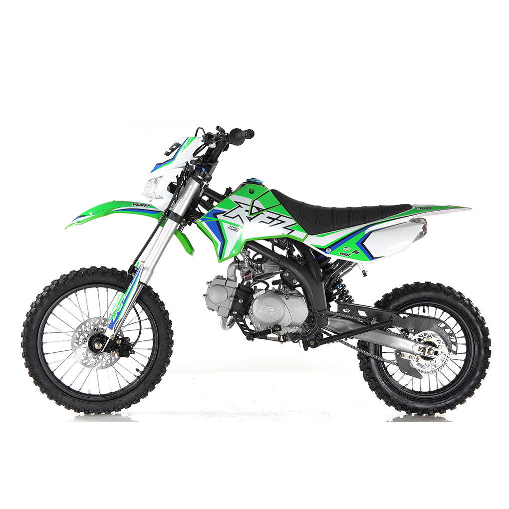 Apollo X19 125cc green dirt bike with headlight — off-road motorcycle featuring knobby tires, front suspension forks, and sporty green body panels.