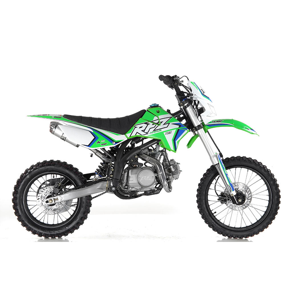 Apollo X19 125cc green dirt bike with headlight — off-road motorcycle featuring knobby tires, front suspension forks, and sporty green body panels.