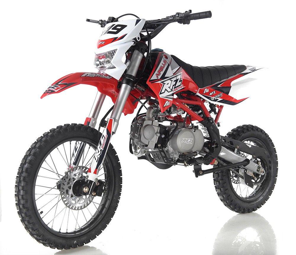 Apollo X19 125cc red dirt bike with headlight — durable off-road motorbike with red bodywork, front headlight, and aggressive tire tread for trail performance.