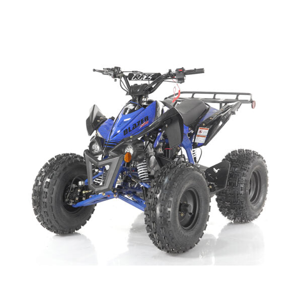 Blue ATV with 'Blazer' branding on a white background