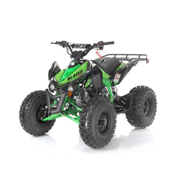 Green and black ATV on a white background