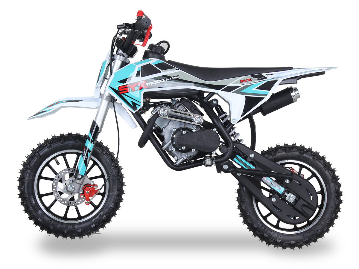 Children's dirt bike with blue and black design on a white background